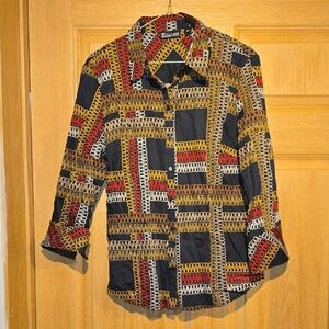 Chain-Print Button-Front Blouse — Black with Gold & Red Accents